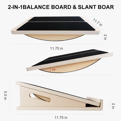 2-in-1 Professional Wooden Balance Board & Slant Board, Four Adjustable Incline Board and Calf Stretcher, Stretch Board for Knees Ankle Heel Feet Leg