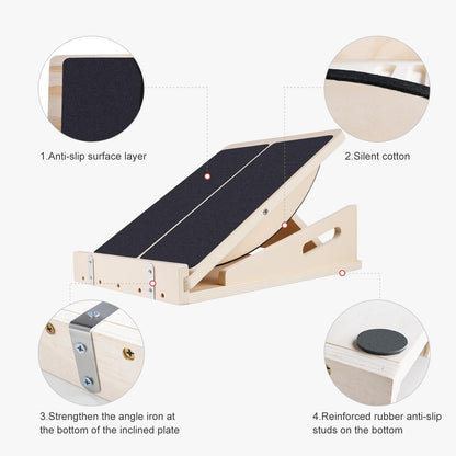 2-in-1 Professional Wooden Balance Board & Slant Board, Four Adjustable Incline Board and Calf Stretcher, Stretch Board for Knees Ankle Heel Feet Leg