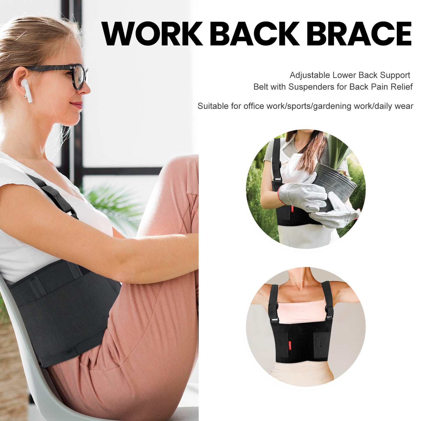 Back Brace for Men & Women, Adjustable Lower Back Support Belt with Suspenders for Back Pain Relief